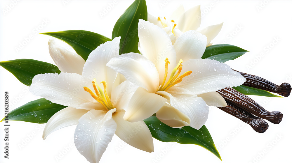 Fototapeta premium Beautiful white lilies with green leaves and vanilla pods, evoking fresh and fragrant atmosphere
