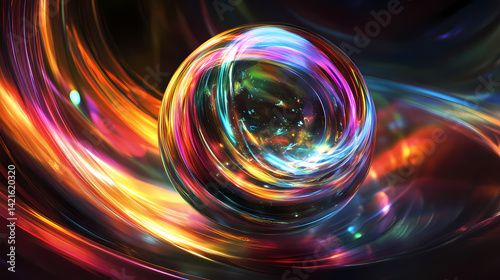 A shimmering glass sphere enveloped with abstract swirling colorful bands. Nebular Wrap. Illustration