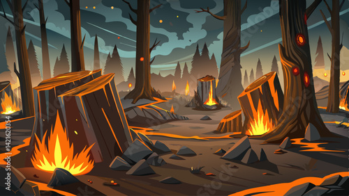 Blackened stumps and glowing embers mark the forest’s recent destruction