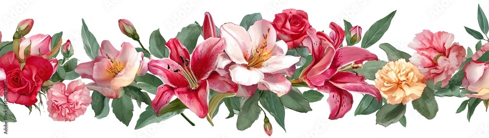 Obraz premium A long garland of pink and red lilies, roses, and carnations, with green leaves on the sides, in a