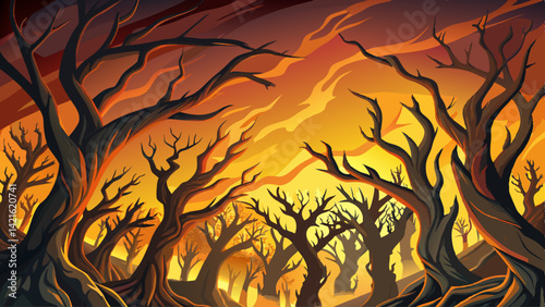 Scorched branches reach toward the sky, twisted in eerie patterns.