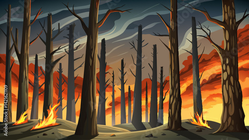 Charred tree trunks rise like blackened pillars against a smoky gray sky