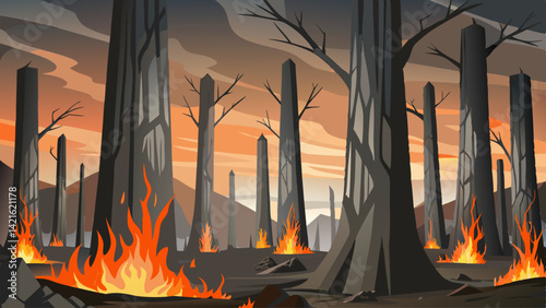 Charred tree trunks rise like blackened pillars against a smoky gray sky