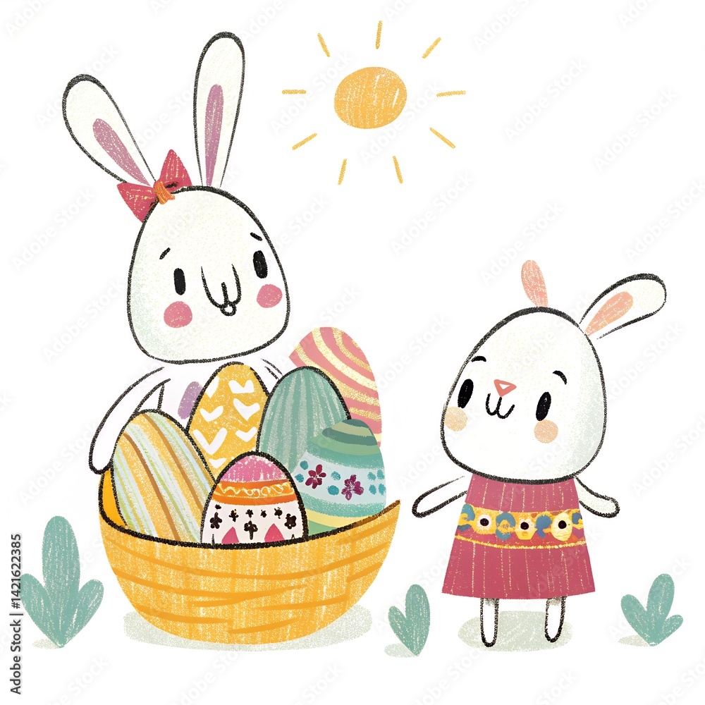 Two cheerful cartoon bunnies celebrating Easter, joyfully decorating colorful eggs in a sunny farmyard setting, representing spring festivities and childhood joy. Two cheerful cartoon bunnies celebrating Easter, joyfully decorating colorful eggs in a sunny farmyard setting, representing spring festivities and childhood joy.