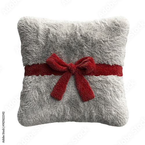 Luxurious plush pillow with a bold crimson ribbon for a comforting decor