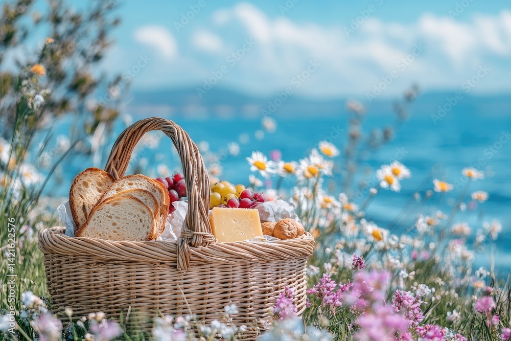 Picnic basket with bread, cheese, and fruits