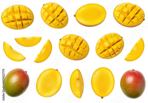 Mango slices & whole fruit, various cuts isolated on white background