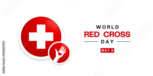 May 8th is World Red Cross Day. Plus icon, hand and heart. Suitable for posters, banners, social media and more. White background. 