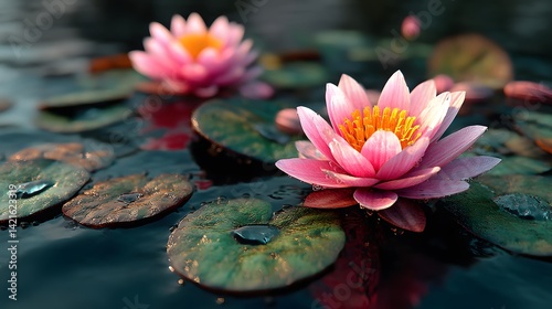 Pink water lilies in the pond