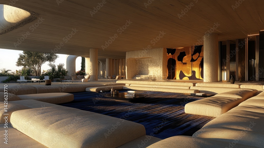 Fototapeta premium Spacious, modern outdoor living space with luxurious seating. Sun-drenched, contemporary design