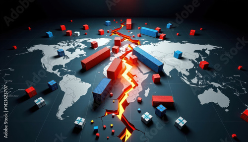 dramatic depiction of trade war impact with shipping containers and cracked world map symbolizing tariffs
