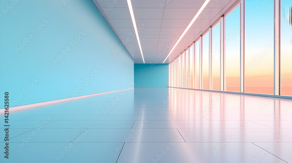 Obraz premium Modern Minimalist Office Corridor with Pastel Blue Walls and Sunset View