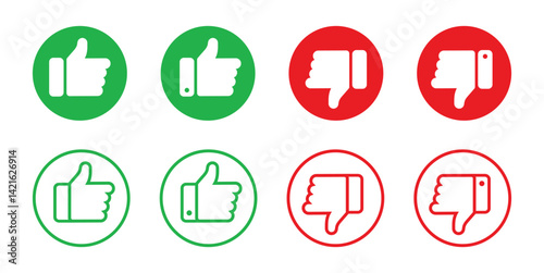 Like and dislike hand symbols set in green and red circles flat vector icons. Thumb up and thumb down. Social media notification icons _ Vector illustration