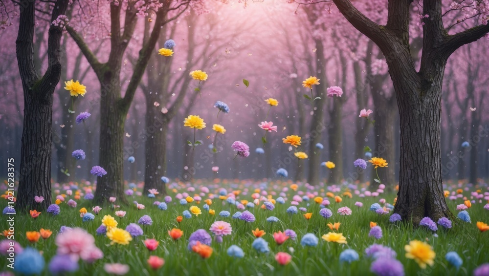 Obraz premium A vibrant springtime scene featuring colorful flowers scattered across a green meadow, surrounded by blossoming trees under a soft, pink sky.