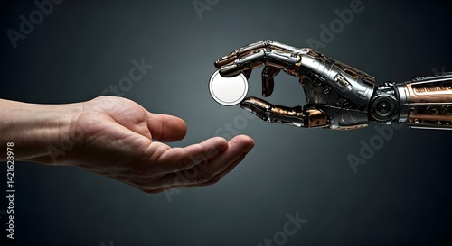 Close up of human hand taking money from  robot hand on dark background