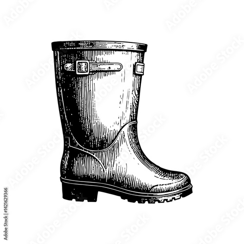 Vector engraving style illustration of a Rain Boot