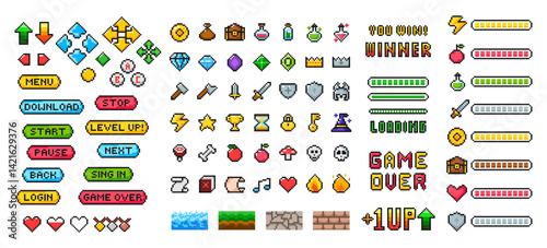 Pixel game menu resources, level, live bars and buttons. Game interface, pixelated life bar and menu button, game controller arrows, pixel art gaming magic items, button 8 bit pixel.