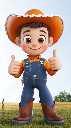 A cheerful cartoon cowboy character giving a thumbs up, wearing an orange hat, plaid shirt, and denim overalls, set against a sunny outdoor backdrop.