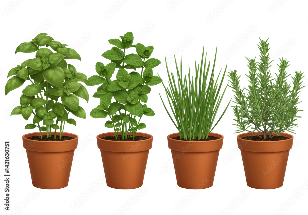Fototapeta premium Four potted herbs isolated on white background