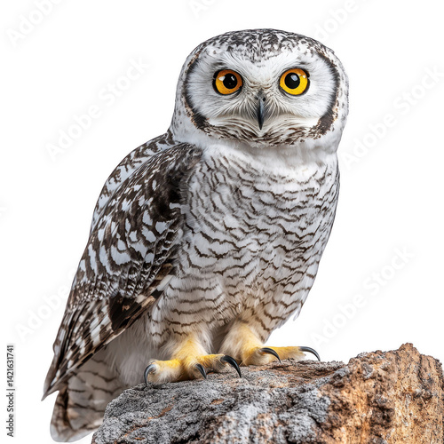 Detailed portrait of a spectacled owl with piercing yellow eyes on black backdrop