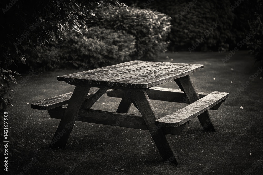 Empty wooden picnic table in a garden