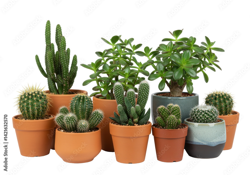 Assorted succulents and cacti in terracotta pots isolated on white background Assorted succulents and cacti in terracotta pots isolated on white background