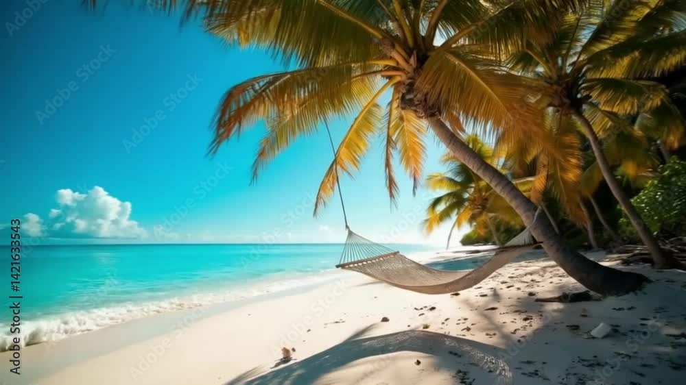 Beach with palm trees and hammocks hanging there. Smooth repeating motion for background video animation. Beach with palm trees and hammocks hanging there. Smooth repeating motion for background video animation.