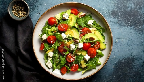 Top view of vibrant green salad with avocado, cherry tomatoes and cubes of feta cheese