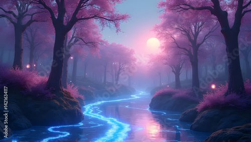 Fantasy landscape with foggy trees and river. 3d render