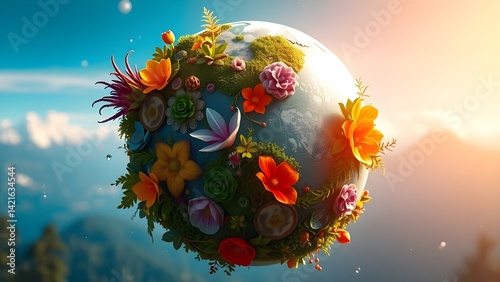 3d render of planet with flowers floating in the air. 