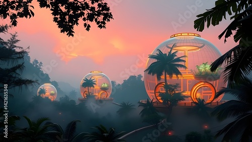 3D rendering of a futuristic city in the evening with fog.
