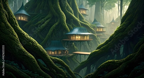 Fantasy forest with old lanterns in the fog. 3D rendering