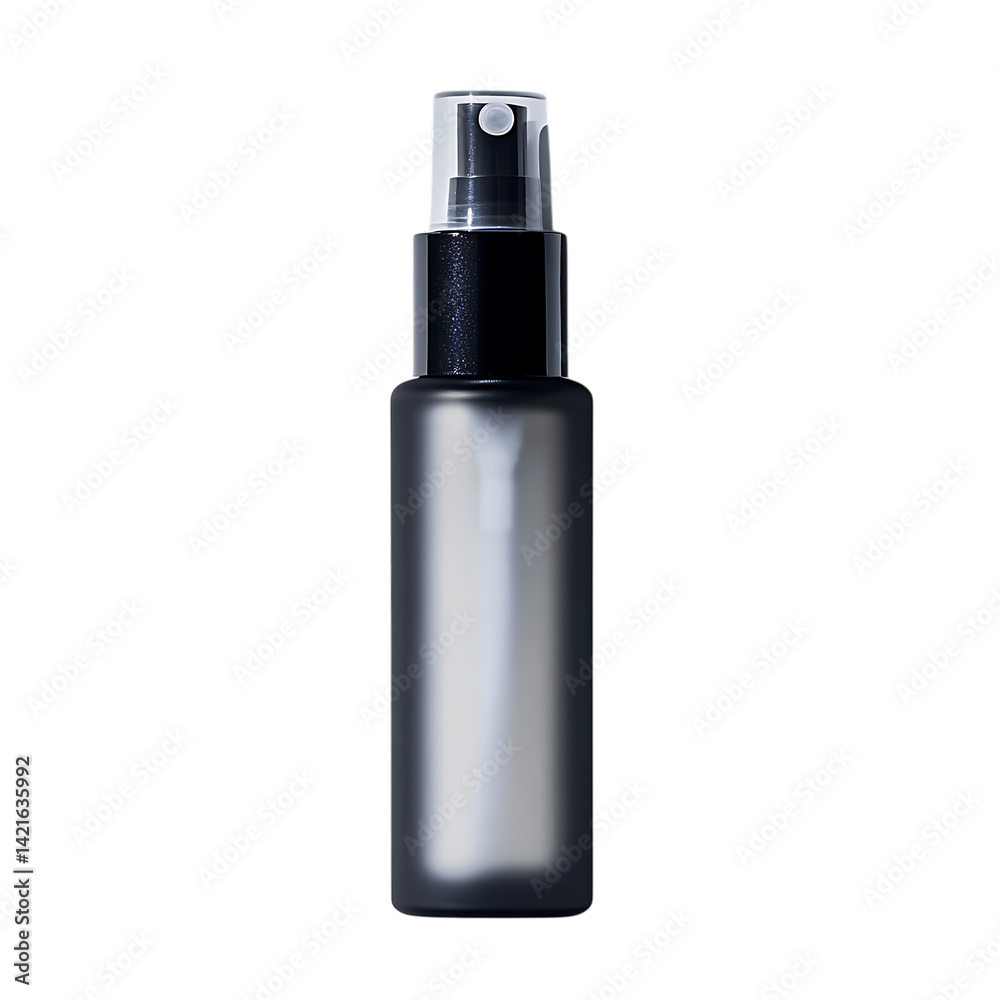 Matte-finish makeup setting spray bottle with fine mist nozzle and minimalist label, vertically positioned on a pure white background 