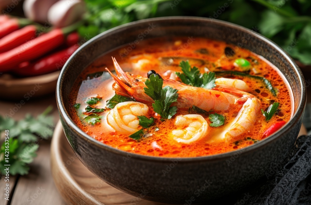 Spicy and colorful Tom Yum Goong soup in a modern bowl, Spicy and colorful Tom Yum Goong soup in a modern bowl,