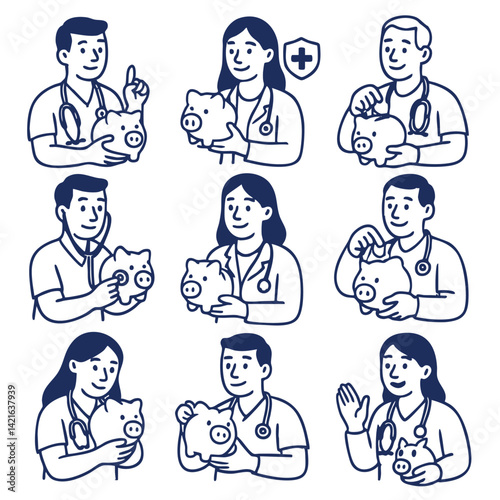 Healthcare professionals holding piggy banks, symbolizing financial wellness and savings in medical context. Their expressions convey sense of care and responsibility