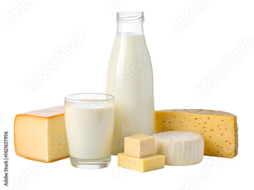 Foto Dairy products, milk, sour cream, cheese, mozzarella, yogurt isolated on transpa