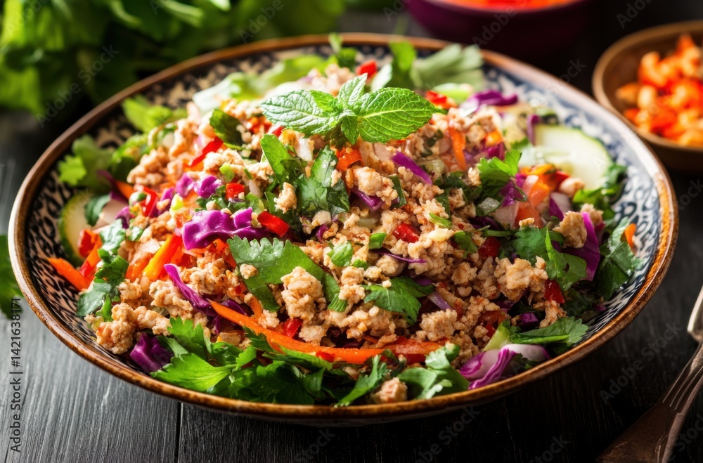 Spicy Thai larb salad with minced chicken, fresh herbs, Spicy Thai larb salad with minced chicken, fresh herbs,