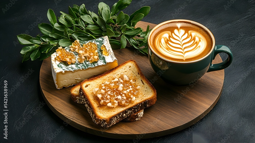 A delicious slice of honeycomb toast paired with a steaming cup of coffee, creating a cozy and indulgent breakfast scene.