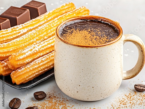 Obraz na płótnie A decadent serving of traditional Spanish churros filled with rare, aromatic spiced chocolate, rich textures, warm tones, and indulgent dessert appeal. w salonie