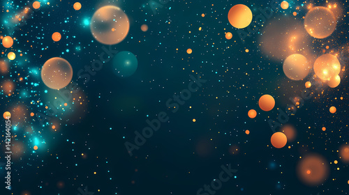 Teal and orange light bubbles floating on a dark blue background, with subtle starlight effects, and glowing fibers, cosmic elements , shimmering lights. Starlight Fibers. Illustration