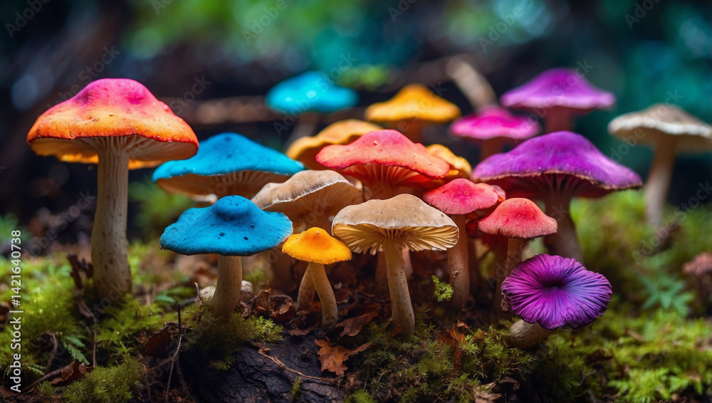 Fototapeta premium Vibrant Multicolored Hallucinogenic Mushrooms for Artistic Use