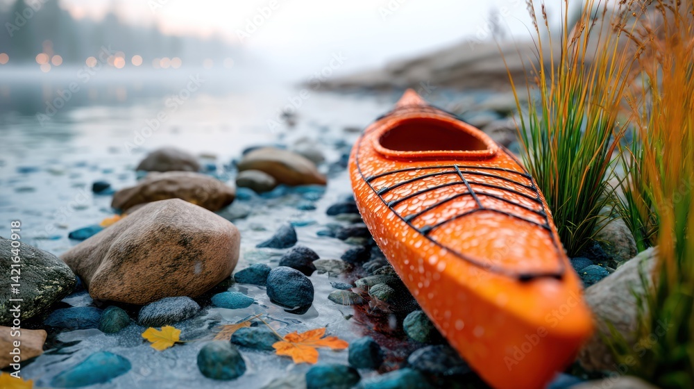Orange kayak resting on a rocky shore at dawn. Orange kayak resting on a rocky shore at dawn.
