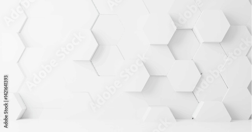 Create a vector illustration of a white background with multiple white hexagons arranged in a staggered, honeycomb pattern. Include soft shadows to give a 3D effect and slight depth to the hexagons. 
