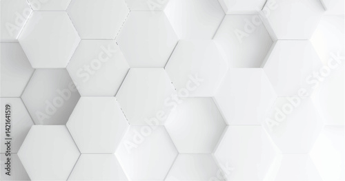 Create a vector illustration of a white background with multiple white hexagons arranged in a staggered, honeycomb pattern. Include soft shadows to give a 3D effect and slight depth to the hexagons. 