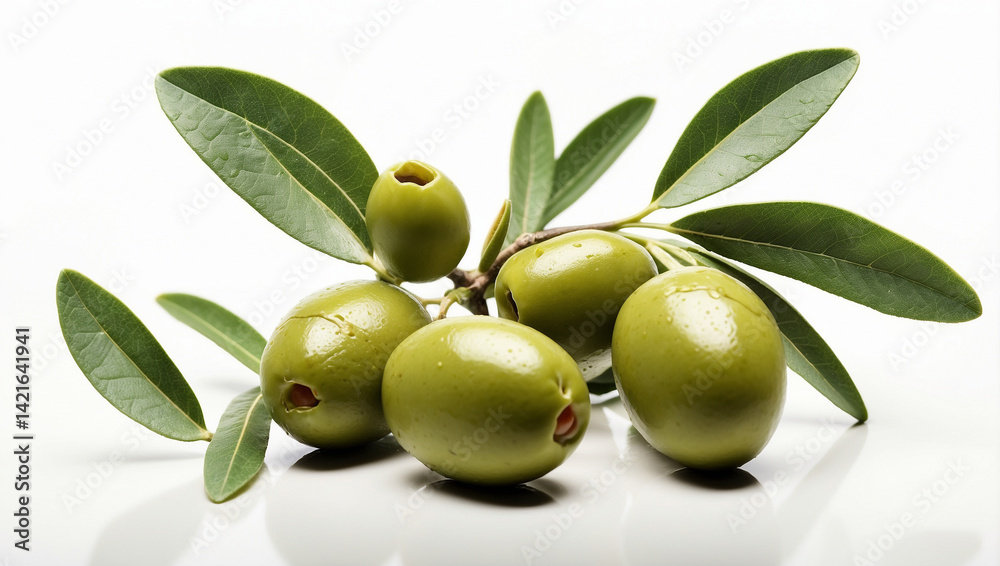 Olive Branch with Two Green Olives Isolated for Culinary Use Olive Branch with Two Green Olives Isolated for Culinary Use