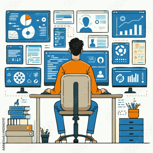Flat vector of a male programmer working in front of multiple screens showing code and data. Clean, minimal design. Ideal for tech, innovation, and AI-related content.