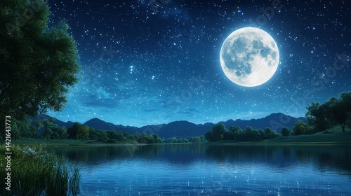 A serene night landscape featuring a large moon reflecting on a calm lake.