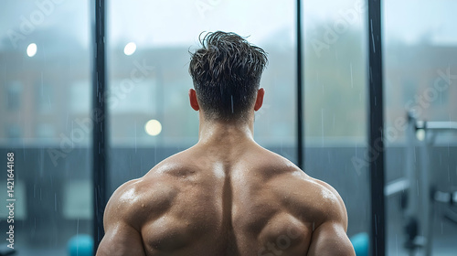Muscular Man Back View at Gym During Rain