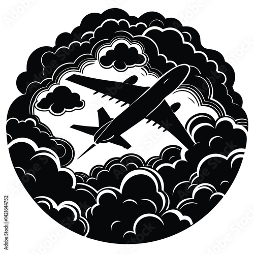 Airplane Silhouette Flying Through Clouds: Vector Illustration of Aircraft in Flight, Graphic Design, Aviation Art
