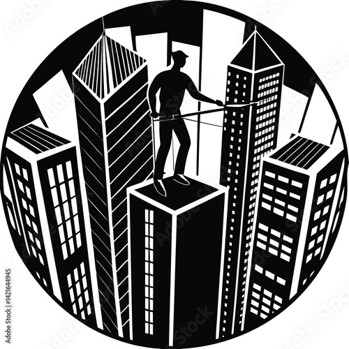 High Wire Walker Silhouette on Skyscraper Rooftop: Urban Tightrope Walker Vector Art in Black and White Cityscape Illustration